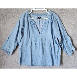 GAP Women's 3/4 Sleeve V Neck Popover Tunic Blouse Top Tencel Lyocell Blue Sz L